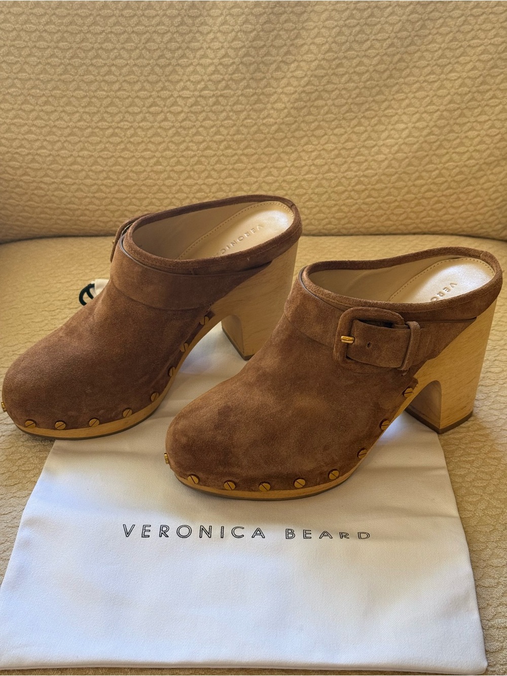 Veronica Beard Chestnut Suede Wooden Heel Clog Mules